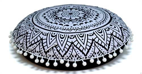 Round Mandala Floor Pillow Cover Seating Cushion Throw Cover Hippie Decorative Bohemian Ottoman Pouf Cover, Pom Pom Pillow Cases,Boho Indian 22 Inches (Black Flower) - color: Black Flower