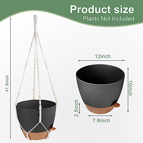Vanslogreen 41.5 Inch Macrame Plant Hanger Indoor Outdoor with 12 Inch Flower Pot, Hanging Planter for Plants Holder with Wood Beads for Boho Home Decor (Ivory+Black) - color: Ivory+black, size: 12''