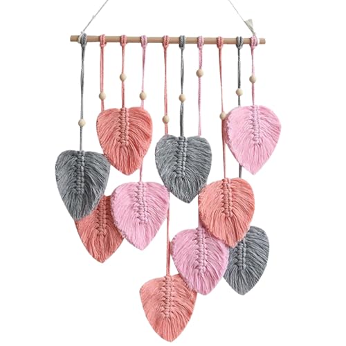 LB Macrame Wall Hanging Decor, Boho Chic Feather Wall Decor Macrame Photo Wall Hanging Handmade Yarn Woven Wall Art Pink Leaf Tapestry for Bedroom Living Room Nursery Office Backdrop, 16x35 Inch - color: Pink