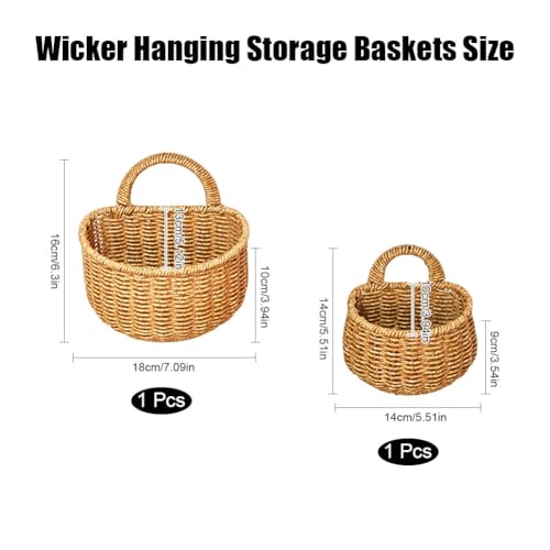 Wicker Wall Hanging Baskets,2 Pcs Handmade Rattan Hanging Wall Baskets for Plants,Flowers,Fruit,Vegetable and Magazines,Woven Wall Mount Decorative Basket for Kitchen, Living Room (Round) - color: Round