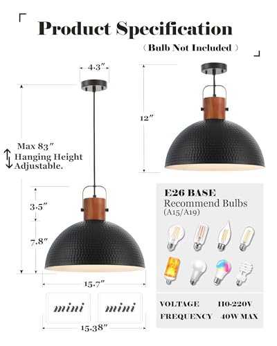 ELYONA 16 Inch Ash Wood Hammered Pendant Light Fixtures, Large Metal Dome Ceiling Hanging Lamp, Industrial Chandelier for Kitchen Island, Bar, Farmhouse, Dining Table, Hallway, Modern Black - color: Black - 1 Pack
