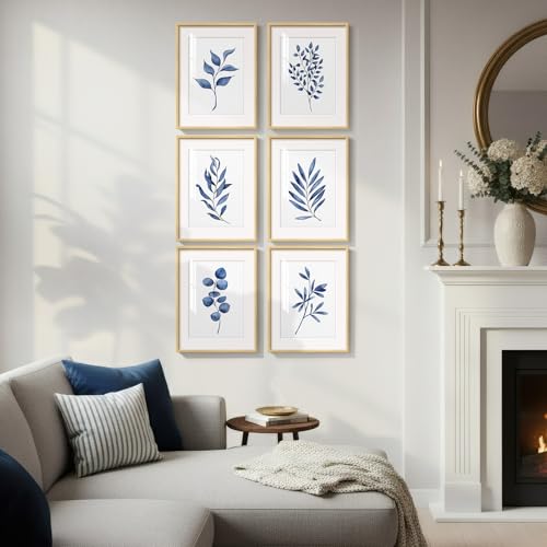 Framed Minimalist Botanical Wall Art, Set of 6 Blue Floral Leaf Painting Prints Artwork for Walls, Navy Blue Flowers Watercolor Plant Pictures for Bedroom Dining Room Hallway Office Home Decor, 11x14 - color: Blue Leaf - Neutral Framed, size: 11" W x 14"