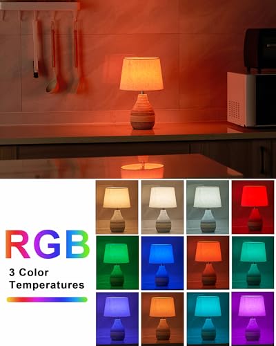 UMEXUS 13” Small Ceramic Cordless Table Lamp with Timer, Dimmer, Linen Shade, Remote Control, Rechargeable Battery Light for Patio Nightstand Kitchen Counter Living Room Side Table, Bulb Included - size: Small-13"H-Rope accent design