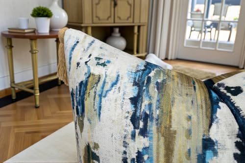 VAGMINE Abstract Watercolor 20x20 Inch Throw Pillow Cover with Tassel Corners - Blue Mustard Brushstroke Print on Textured Polyester - Cushion Case for Couch Sofa - Panna - color: Panna, size: 20" x 20" (Pack of 1)