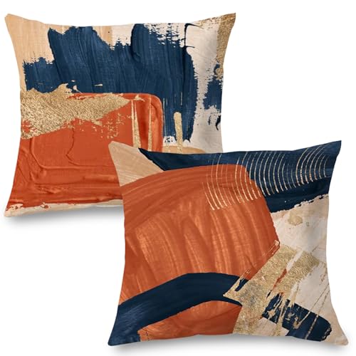 Navy Blue Terracotta Gold and Orange Throw Pillow Covers 18x18 Set of 2,Modern Boho Abstract Art Pillow Covers for Bedroom Living Room, Modern Home Decor, Boho Room Decor - size: 18" x 18" (Pack of 1)