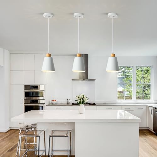 3 Pack Mini White Pendant Light Kitchen Island Modern Wood Pendant Lighting Cone Hanging Lights Hollow Top Nordic Island Light for Counter, Bar, Hallway - color: White 3-PACK
