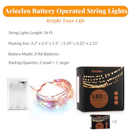 Ariceleo Led Fairy Lights Battery Operated, 2 Packs Mini Battery Powered Copper Wire Starry Fairy Lights for Bedroom, Christmas, Parties, Wedding, Centerpiece, Decoration (5m/16ft Multi-Colored) - color: Multicolor, size: 2 Pack