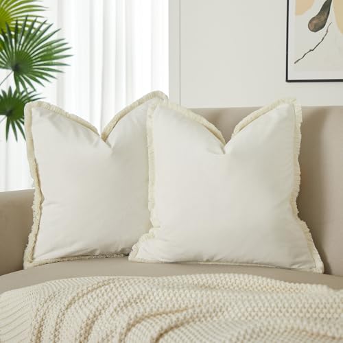 JUSPURBET Cream Decorative Velvet Fringe Throw Pillow Covers 18x18 Set of 2 Boho Soft Cushion Case for Home Decor Living Room Couch Sofa Bed - color: Cream, size: 18" x 18" (Pack of 2)