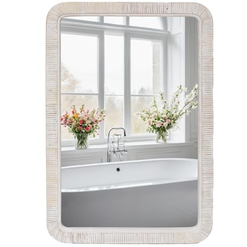 FUIN 20" x 30" Rattan Wicker Rectangle Wall Mounted Bathroom Mirror for Coastal Boho Nursery Decor, White Wash - color: White Wash, size: 30"L x 20"W