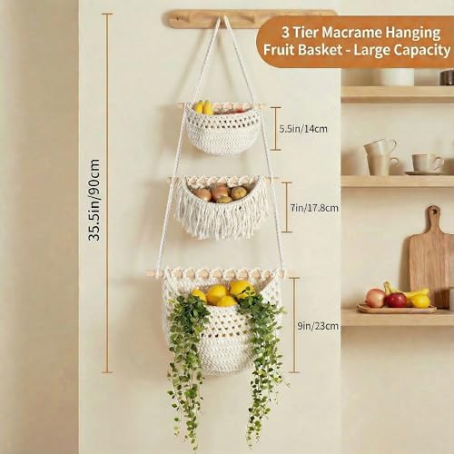 3 Tier Hanging Fruit Basket, Jute Wall Baskets, Hanging Produce Baskets for Storage Fruits and Vegetables, Hang Basket Wall for Kitchen, Bedroom, Bathroom (White) - color: White, size: 3 Tier / Standard