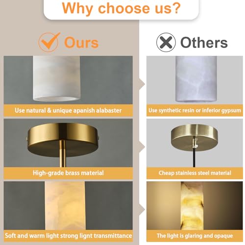 YUYI Alabaster Pendant Light for Kitchen Island, H-9.5in Modern Brass Hanging Light Fixture with Natural Alabaster Stone Shade, Adjustable Pendant Lighting Over Sink, Dining, Bar, Counter - color: 1-Gold, size: 1 Pack