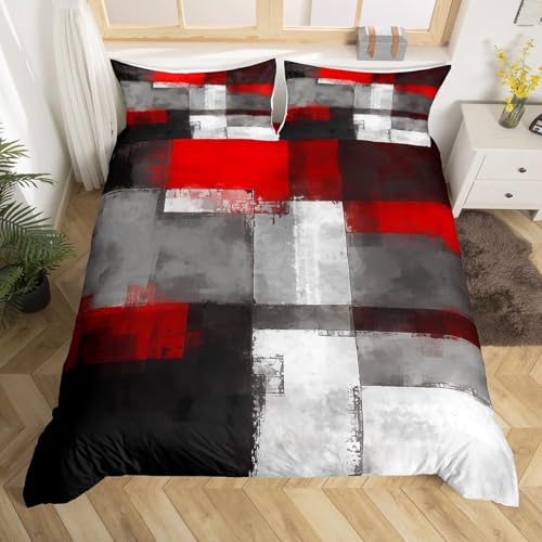 Art Graffiti Geomerty Comforter Cover,Red Grey White Rectangle Duvet Cover Set for Girls Teens Bedroom Gift,Abstract Geometric Painting Soft Bedding Set with 2 Pillowcases, Full Size (No Comforter) - color: Multi 14, size: Full 80"x90"