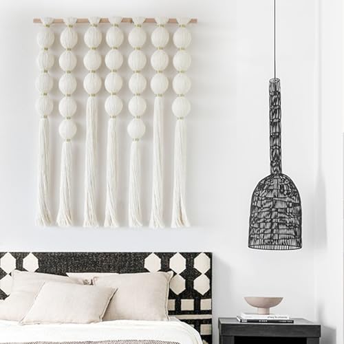 IOWER Macrame Wall Hanging Boho Wall Decor Ball Tassels Handmade Boho Woven Wall Decor for Living Room Bedroom Background 27" W x 39" L - color: Ivory with Gold