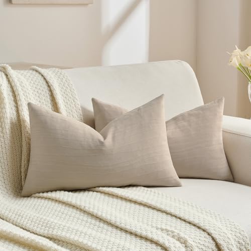 FUTEI Pack of 2 Chenille Decorative Throw Pillow Covers 12x20 Inch,Soft Crushed Striped Texture Lumbar Pillow Cases,Modern Home Decor for Couch Bed Living Room,Beige - color: Beige, size: 20" x 12" (Pack of 2)
