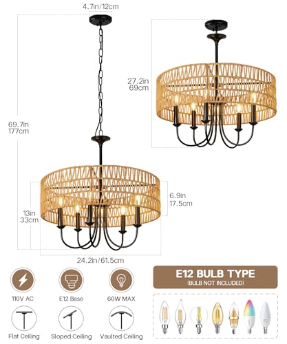 24 Inch Farmhouse Rattan Chandelier, Hand-Woven Boho Pendant Light Fixture with Black Metal Frame, Rustic Hanging Ceiling Lighting for Dining Room, Kitchen Island, Living Room, Bedroom - color: Rattan B