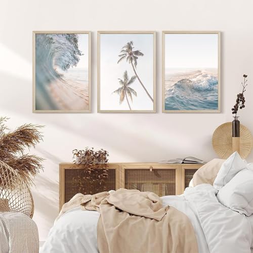 Beach Wall Art Pictures Coastal Canvas Wall Decor Ocean Waves Poster Blue Beach Scene Artwork Palm Tree Art Coastal Landscape Prints for Living Room Bedroom 24x36 Inch Framed Set of 3 - color: Waves Art Prints, size: 24x36 Inch Wood Framed