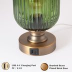 Mid Century Glass Table Lamp,Dimmable Desk Lamp,LED Bulb Included,Touch Control & USB A+C Port,Green Ribbed Glass - color: Green Ribbed, size: USB + Touch