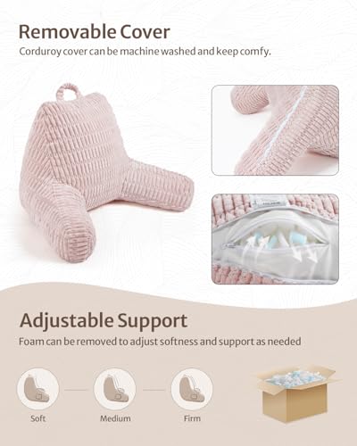 Blissful Diary Reading Pillow, Backrest Pillow with Shredded Memory Foam for Adult & Children, Designed for Bed and Couch Sitting Up, Includes Arms, Pockets and Washable Cover, Pale Pink - color: Textured Pale Pink, size: Standard(18inch)