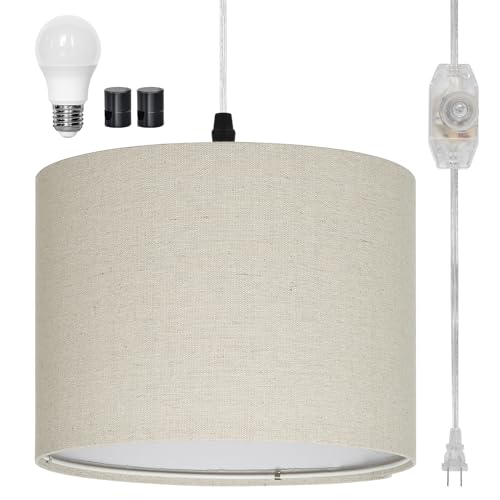 CINSARY Plug in Pendant Light, Hanging Light with Plug in Cord with Dimmable Switch, Hanging Lamp with 15 ft Clear Cord, Linen Pendant Light Fixture for Bedroom (Bulb Included) - color: Beige