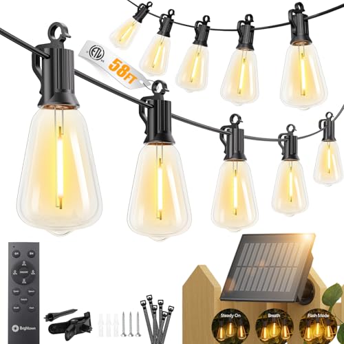 Brightown 58FT Solar String Lights Outdoor Waterproof, Patio Lights with Remote and 25+1 LED Shatterproof Bulbs, Dimmable & Timable, 3 Light Modes, Solar Lights Outdoor for Yard Camping Party Outside - size: 58FT(25 Sockets)