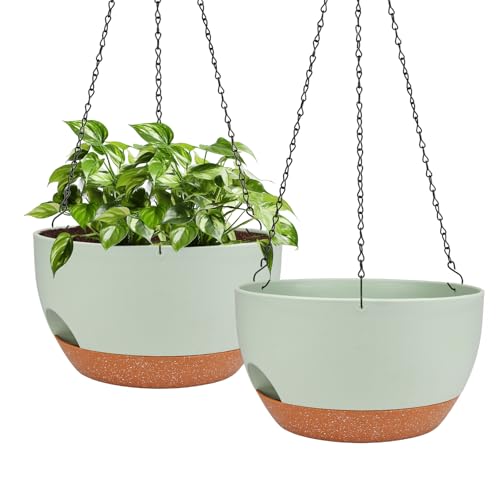Hanging Planters for Outdoor Indoor Plants, 2 Pack 12 Inch Hanging Basket Plants Outdoor, Self Watering Hanging Planter with Plant Hanger for Garden Home Decoration (Green) - color: Green, size: 12 Inch
