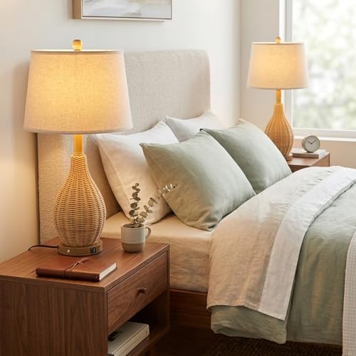 Hamilyeah 23" Farmhouse Table Lamp with Bulb Included and USB Charging Ports, Boho Bedside Lamp with Fabric Shade, Woven Rattan Nightstand Lamp for Bedroom, Living Room, Office - color: Wood