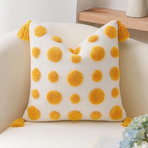 PANOD Super Soft Farmhouse Decorative Plush Throw Pillow Covers 22 x 22 Yellow,Solid Pom pom Tufted with Tassels Modern Accent Boho Square Cushion Cover Pillow Case for Couch Sofa - color: Yellow, size: 22" x 22" (Pack of 1)