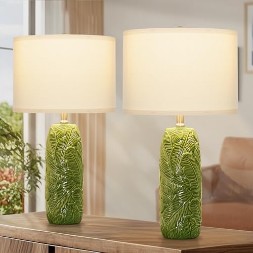 EUO 25” Green Lamps Set of 2 with Leaves Design for Living Room, Bedroom, Retro Ceramic Table Lamps for Nightstand Set of 2 - color: Green-L