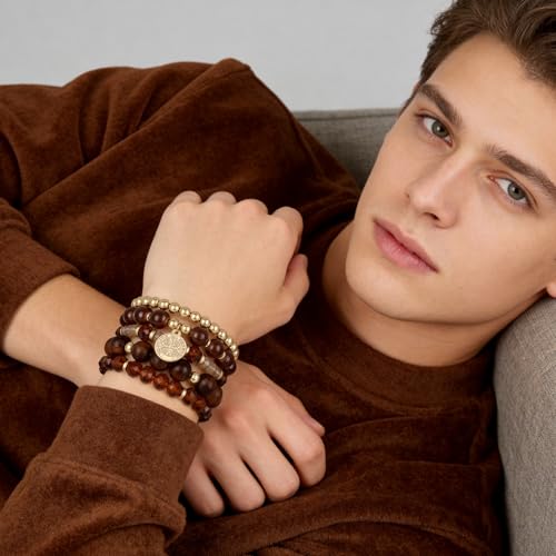 Bohemian Natural Stone Beaded Bracelets for Women Men Stackable Stretch Beads Bracelet Set with Charm and Tassel Multilayered Elastic Gemstone Bracelets Summer Beach Boho Jewelry Gift for Women - color: brown