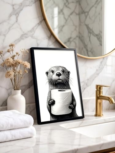LBTZEVIR Framed Black and White Bathroom Wall Art Cute Animal Wrapped Canvas Painting Otter Holding Toilet Paper Wall Decor Modern Humor Painting Wall Funny Bathroom Wall Decor for Hme 16×12in - color: Black and White, size: 16"L x 12"W