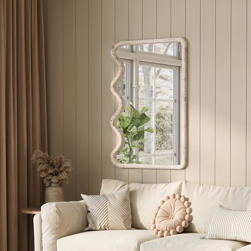 ULIKE Wavy Mirror for Wall, Rustic Wood Mirror for Bathroom Vanity, 24x36 Wooden Wall Mirrors Decorative for Bedroom, Living Room, Entryway, White - color: Wavy Rustic White