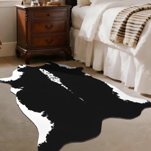 BENRON Premium Cowhide Rug Black, Faux Cow Hide Rugs for Living Room Bedroom Western Home Decor, Non Slip Cute Rug with Irregular Animal Skins and Hides, 2.9 x3.9ft - color: Black, size: 2'11" x 3'11" (Irregular)