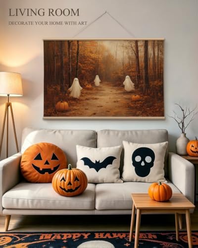VIYYIEA Extra Large Halloween Wall Art 36x54, Vintage Cute Ghosts and Pumpkins in Autumn Landscape Canvas Wall Decor, Cozy Farmhouse Fall Decor for Living Room Bedroom Entryway Fireplace - color: Halloween Woodland