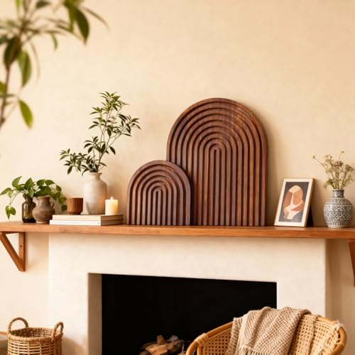 2 Pcs Dark Brown Wood Arch Decor, Boho Shelf & Serving Board for Fireplace Mantel, Kitchen Counter - Vintage Espresso Finish, Mid Century Modern Farmhouse Accents for Living Room, Home Office - color: Brown