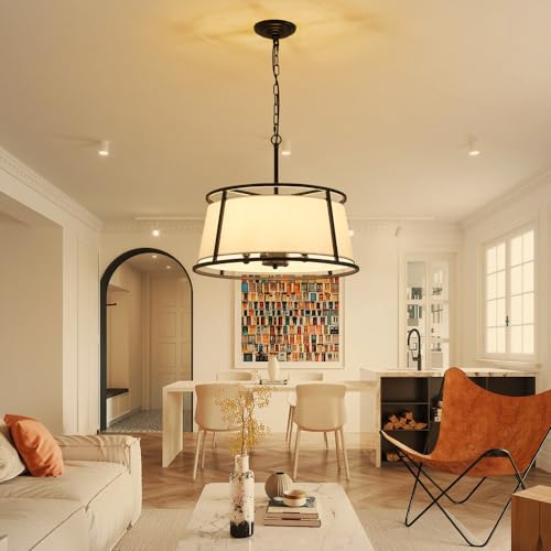 Shrine Lighting Drum Chandeliers, Modern Style, Perfect Pendant Light Fixture for Dining Room, Living Room, D20'' x H9'', Adjustable Chains 59'', E12*4 Sockets, White Lampshade & Black Finish Frame - color: Black D19.7''