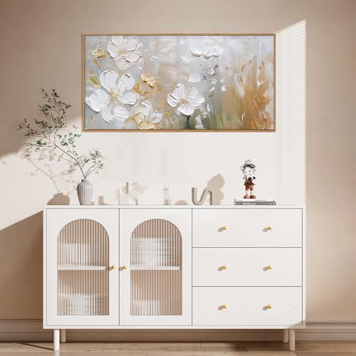 HPNIUB Large White Flower Framed Wall Art Modern White and Gold Floral Canvas Oil Painting Nature Botanical Wall Decor Abstract Aesthetic Artwork for Living Room Bedroom Decor -20"x40" - color: White Floral Wall Art, size: 40"L x 20"W