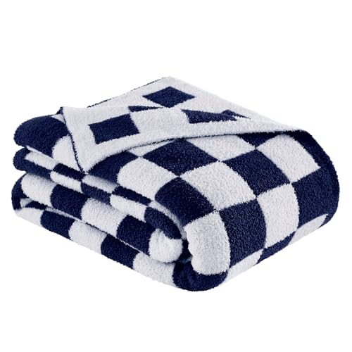Checkered Throw Blanket, Dark Blue Soft Cozy Fluffy Knitted Throw Blankets for Couch, Sofa, Bed, Chair, Warm Fuzzy Travel Picnic Lightweight Plaid Blanket, 50x70 inches - color: Dark Blue, size: 50×70 Inch