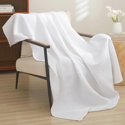 PHF 100% Cotton Waffle Weave Throw Blanket 50" x 60"-Lightweight Cozy Washed Soft Breathable Throw Blanket for Adults and Kids-Great Blanket Layer for Couch Bed Sofa-Elegant Home Decoration- White - color: White, size: Throw(50" x 60")