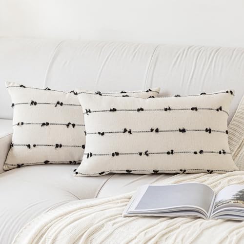 YEENAASY Boho Throw Pillow Covers 12x20 Set of 2 Modern Farmhouse Decorative Cushion Case Tufted Square Pillows Cover Neutral Pillow Cases Accent Pillowcase for Sofa,Couch,Bed,Beige and Black - color: Beige and Black, size: 20" x 12" (Pack of 2)