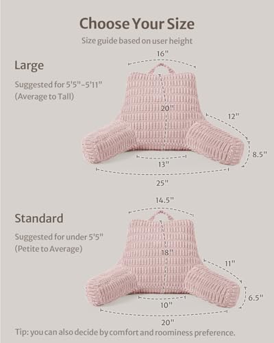 Blissful Diary Reading Pillow, Large Backrest Pillow with Shredded Memory Foam for Adult & Children, Designed for Bed and Couch Sitting Up, Includes Arms, Pockets and Washable Cover, Pale Pink - color: Textured Pale Pink, size: Large(20inch)