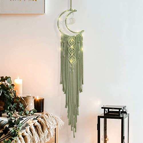 ANROYE Boho Macrame Woven Wall Hanging, Crochet Crescent Moon Star Dream Catcher with Long Tassel- Green Cotton Handmade Bohemian Home Decor Nursery Decoration Art for Kids Bedroom Dorm Room - color: Sage Green, size: With Light