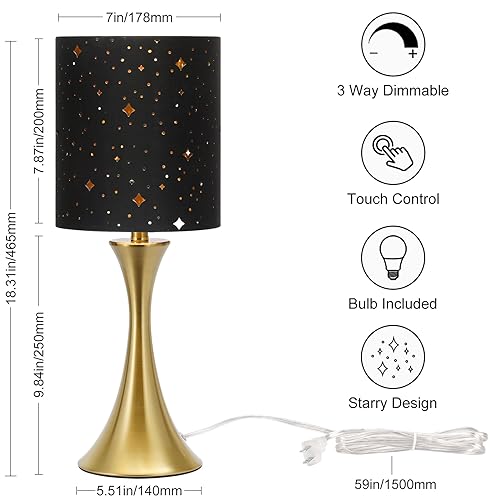 Touch Lamp for Bedroom, 3 Way Dimmable Gold Table Lamp with Black Starry Shade, Decorative Nightstand Lamp Ambient Beside Light for Living Room, Guest Room, Office 3000K LED Bulb Included - color: Gold Base with Stars Shade