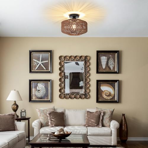 Boho Rattan Light Fixtures, Dimmable Ceiling Light with LED Bulb, Hand Woven Rattan Chandelier for Bedroom, Living Room, Entryway (Dark Brown) - color: Dark-Brown