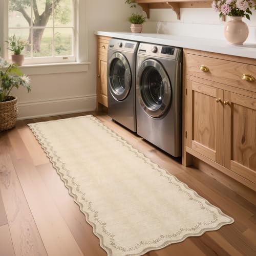 GarveeHome 2x6 Scalloped Washable Runner Rug for Kitchen, Soft Tan Jute Hallway Runner Non Slip Entryway Rug Farmhouse Thin Laundry Mat Stain Resistant Carpet for Bedroom Bathroom Beside Rug - color: Jute, size: 2' x 6' (Rectangular)