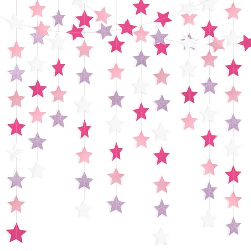 Glitter Pink, Rose Red & Pink White Iridescent Star Garland 90FT, 240pcs Hanging Glitter Star Banner Backdrop for Birthday, Baby Shower, Wedding & Christmas Party Decorations (6 Packs) - color: Glitter Pink & Rose Red & Pink & White