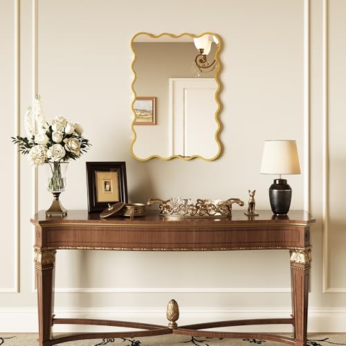 Kelly Miller 22x32 Inch Gold Scalloped Mirror, Large Rectangular Wavy Edge Bathroom Vanity Wall Mirror Decorative for Bedroom Living Room Entryway Fireplace Mantle - size: 32"L x 22"W