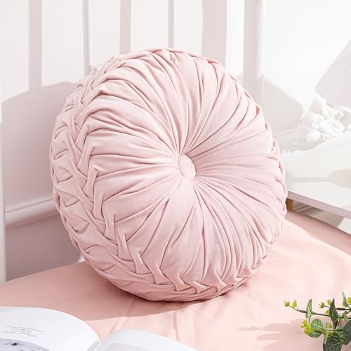 Drydiet 1 Pcs Round Throw Velvet Pillows Decorative Pleated Throw Pillows Diameter Accent Pumpkin Boho Chair Cushion for Couch Sofa Home Decoration (Pink,15'') - color: Pink, size: 15''