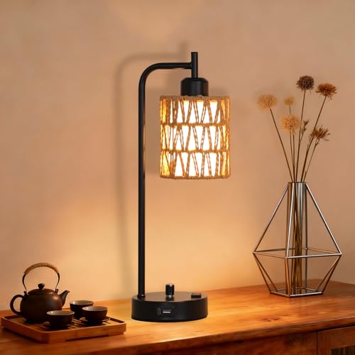 Rattan Table Lamps Set of 2, Boho Desk Lamps with USB Charging Ports and Outlet, Bohemian Bedside Lamps with Rattan & Linen Shade, Farmhouse Black Lamp for Living Room Bedroom Office