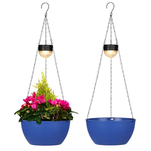 BAYN 2 Packs Solar Hanging Basket Planters for Plants Outdoor, Self Watering Blue Flower Plants Pots with Solar Light Drainer for Balcony Patio Garden Outdoor Decoration - color: Dark Blue
