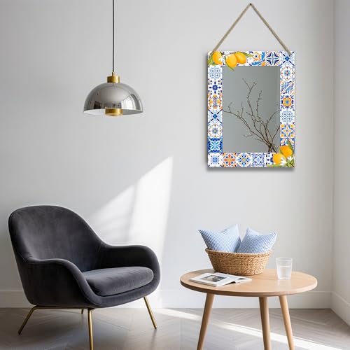 Rectangle Mirror for Wall, 12"x16" Decorative Wall Mirror, Lemon Blue Mosaic Mirrors, Wall Mirrors Decor with Hanging Rope for Living Room, Entryway - color: Lemon Yellow